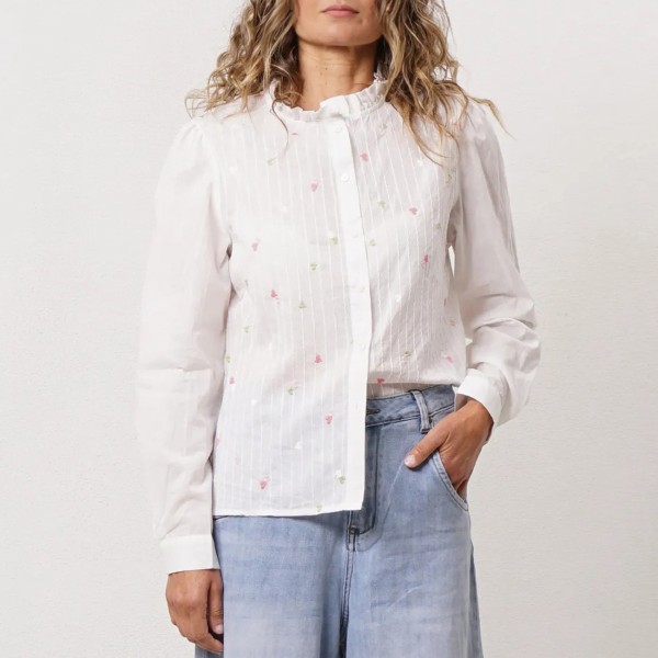 blusa em popelina bordada c/ folhos