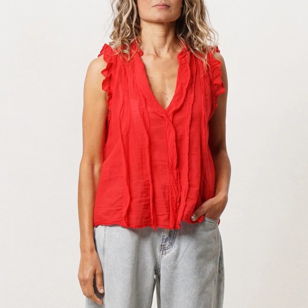 blusa de folhos em tela de algodão