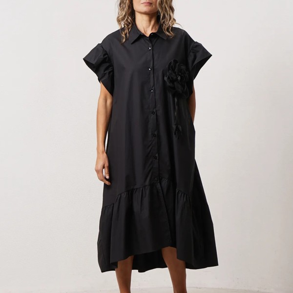 vestido em algodão c/ botões na frente e aplicação floral