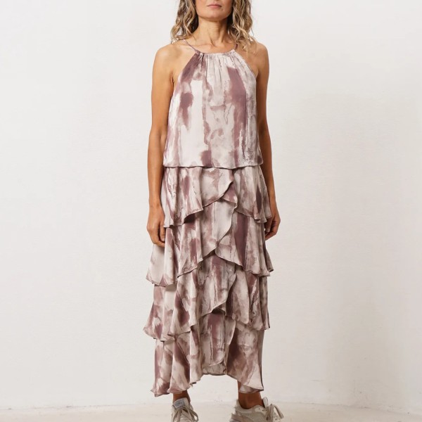 vestido em crepe estampado c/ folhos 