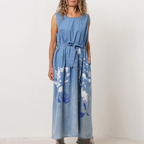 vestido de ganga c/ estampas (algodão/tencel) 