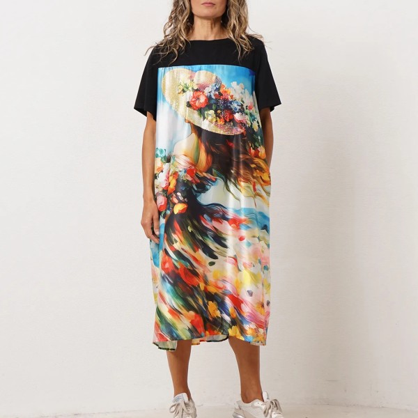vestido acetinado (mistura de tecidos) c/ aplicação de transfers 