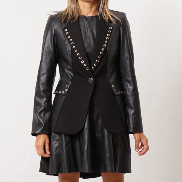 blazer c/ mistura de tecidos (ecopele)