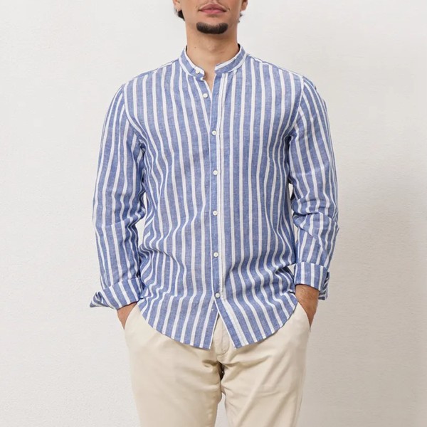 camisa de riscas em linho/algodão c/ gola à padre