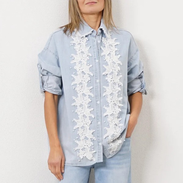 blusa de ganga c/ aplicação de pérolas e renda
