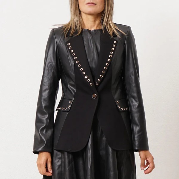 blazer c/ mistura de tecidos (ecopele)