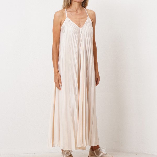 vestido acetinado plissado c/ godés