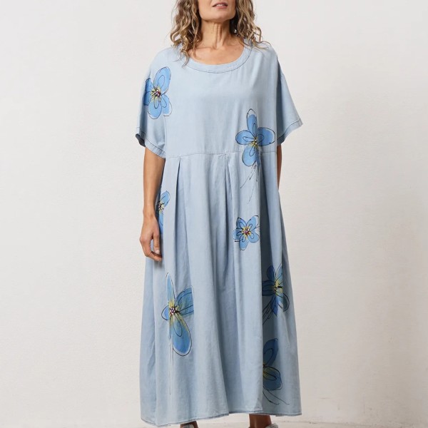 vestido de ganga c/ estampas (algodão/tencel)