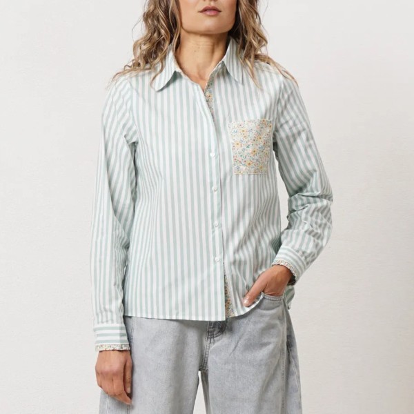 blusa de riscas mistura de tecidos c/ folhos