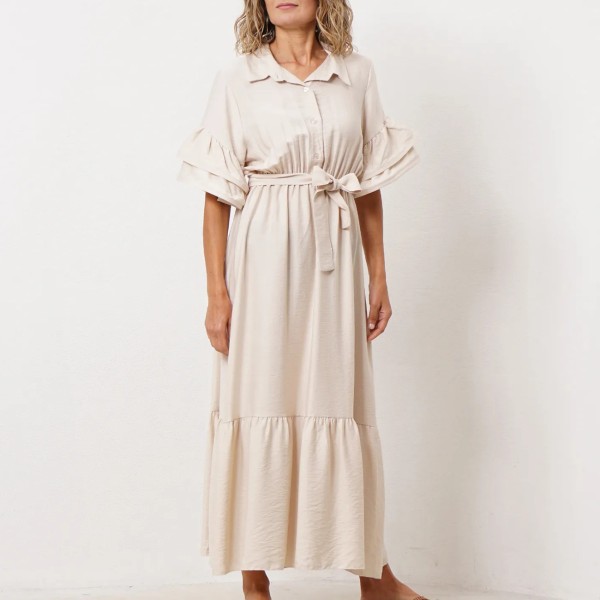vestido camiseiro em crepe c/ folhos