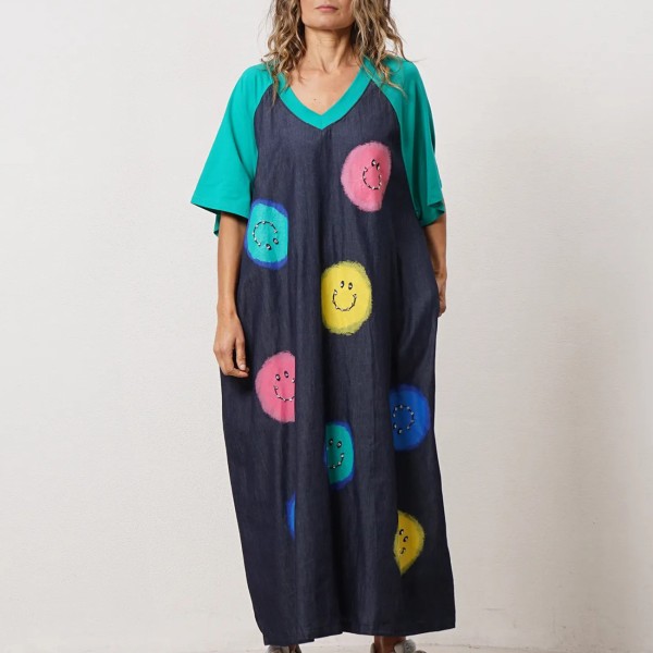 vestido em algodão c/ estampagem e aplicação de brilhantes