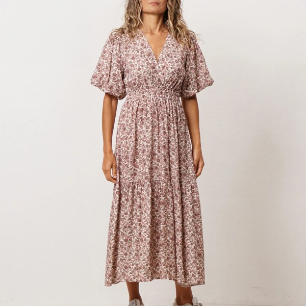 vestido em crepe c/ franzidos e manga balão