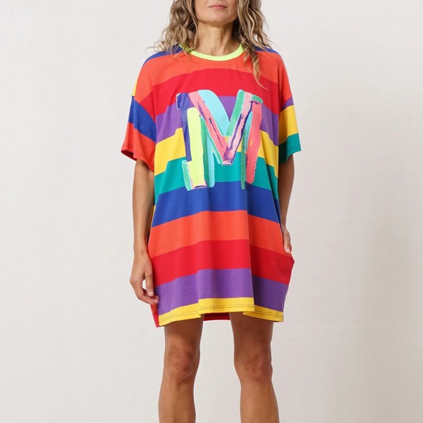vestido de barras c/ bolsos e estampa