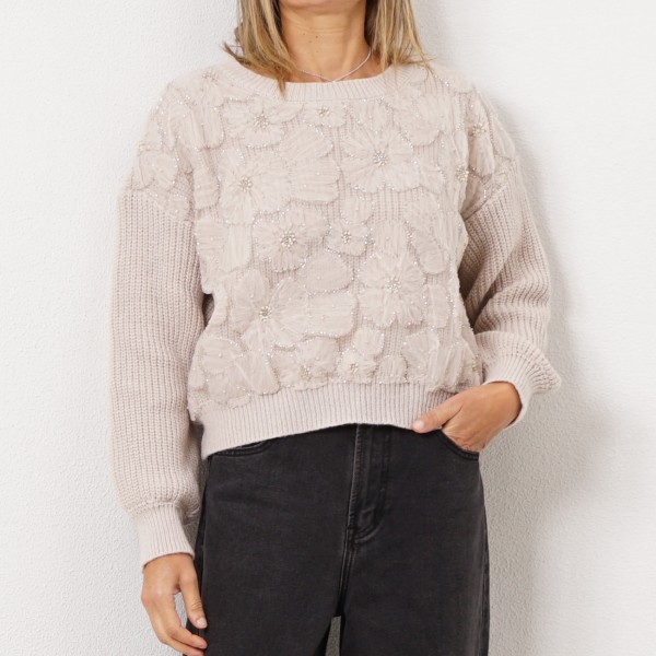 camisola em tricot c/ aplicação em tule