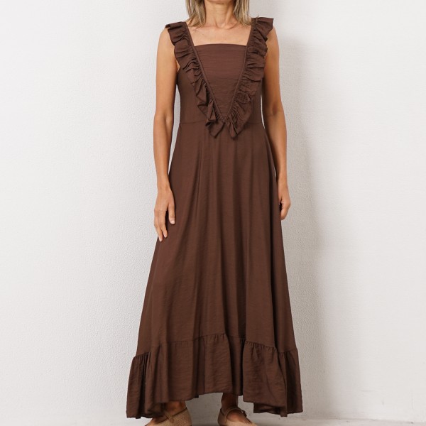 vestido em viscose c/ franzidos e folhos nas alças