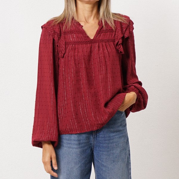 blusa de folhos em chiffon bordada