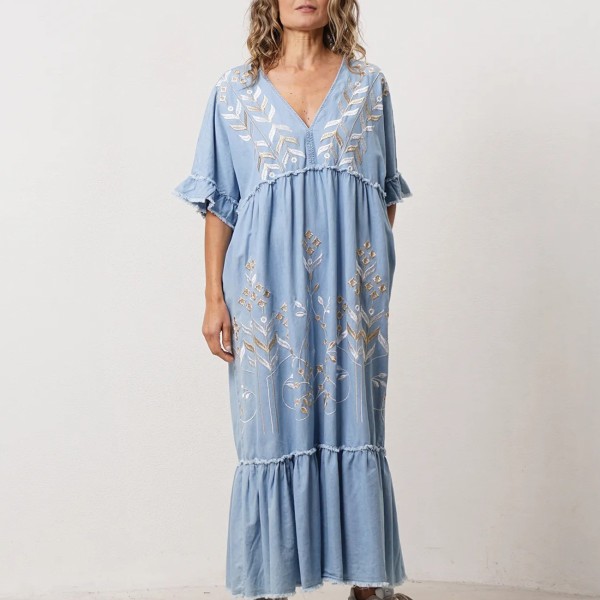 vestido em algodão e tencel c/ bordados