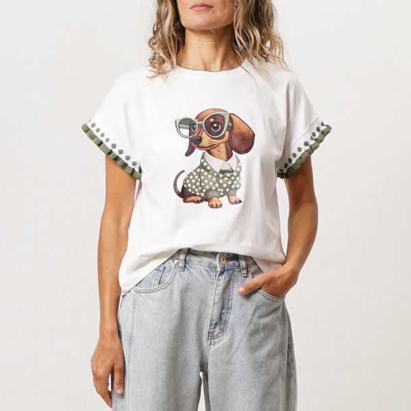 tshirt em algodão c/ folhos + estampa  