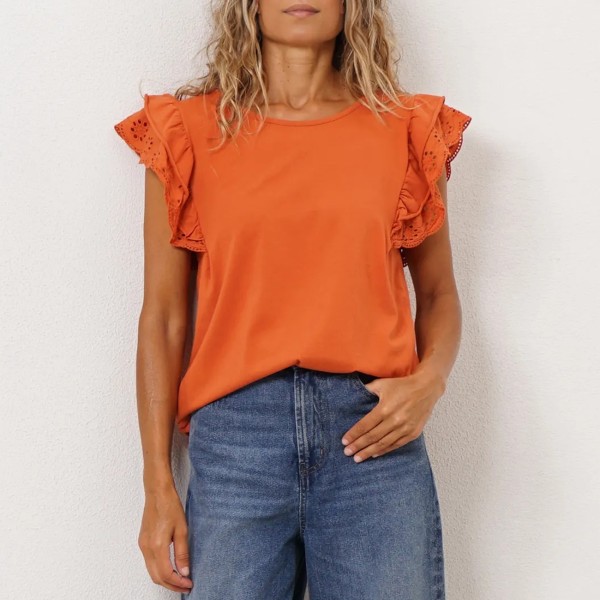 blusa c/folhos em bordado inglês