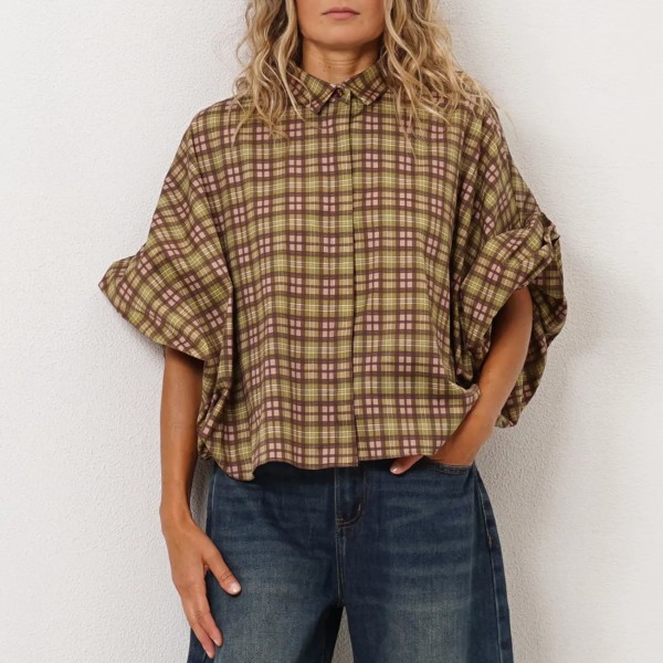 blusa de xadrez c/ manga opção franzida