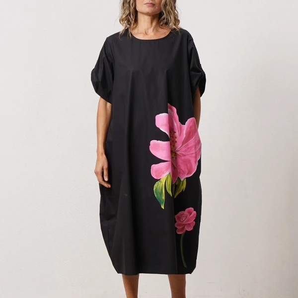 vestido em algodão c/ estampa floral e aplicações brilhantes