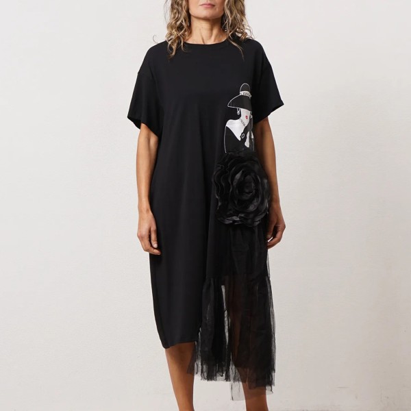 vestido m/ manga c/ estampa e aplicações assimétricas 