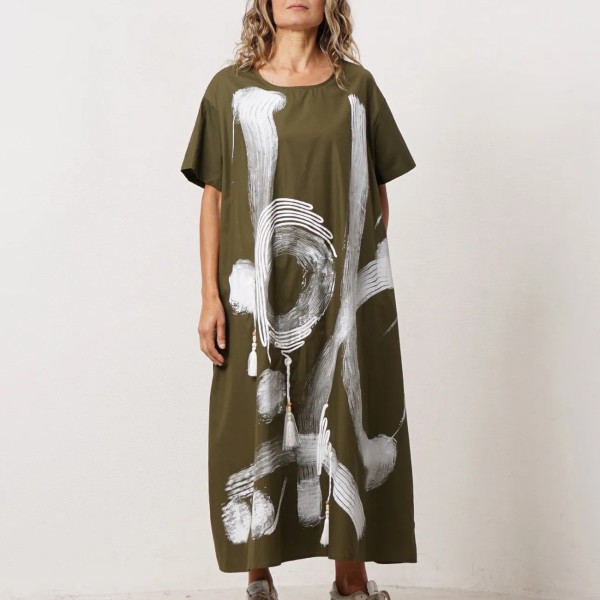 vestido comprido oversize em algodão c/ aplicações 