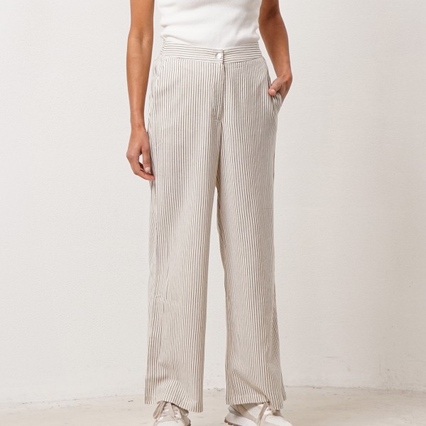 pantalonas de riscas linho/viscose c/ elastano