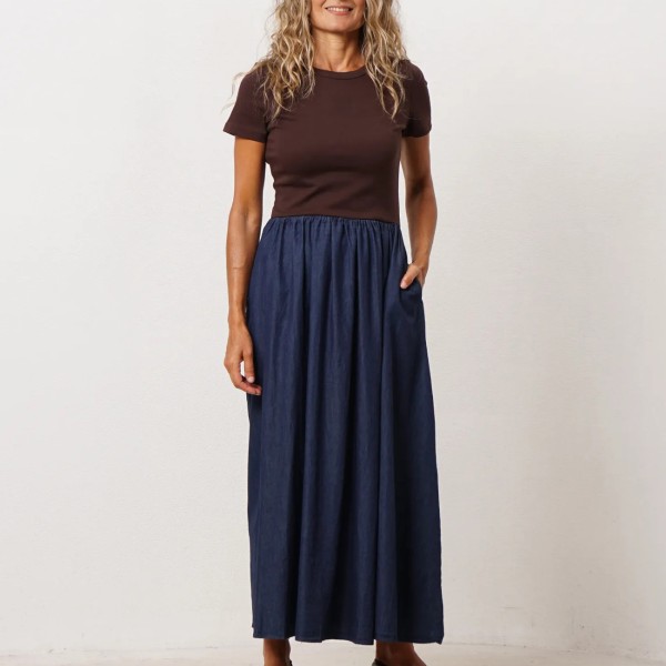 vestido c/mistura de tecidos c/spandex