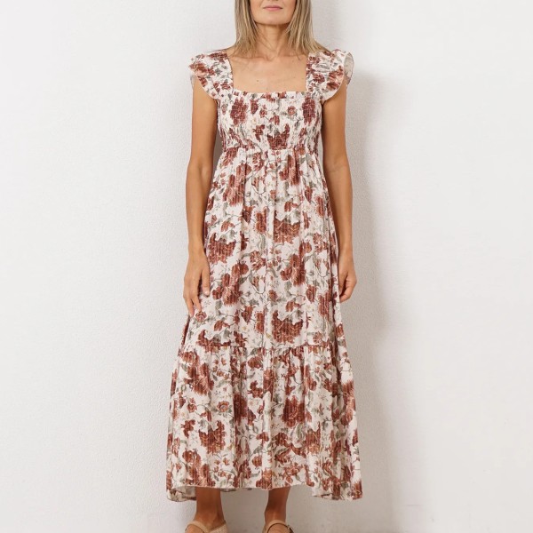 vestido c/ franzidos e folhos estampado