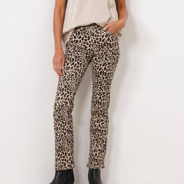 calça estampada à boca de sino (animal print) 