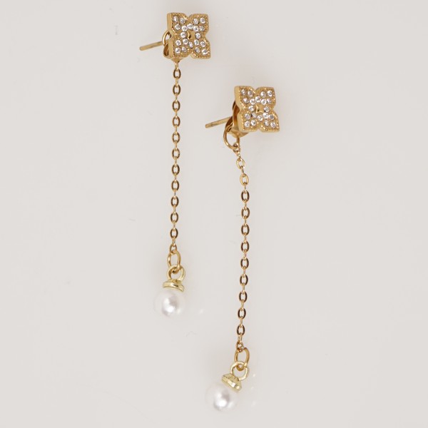 brincos em aço inoxidável c/ pérola + brilhantes (aço cirúrgico) s/ níquel