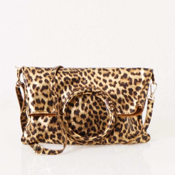 mala + pochete em pele animal print c/ brilho