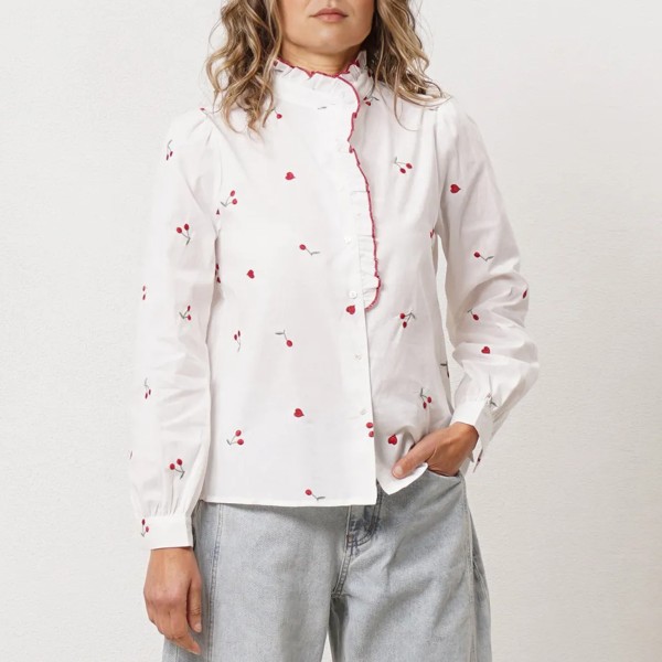 blusa bordada em popelina c/ folhos 