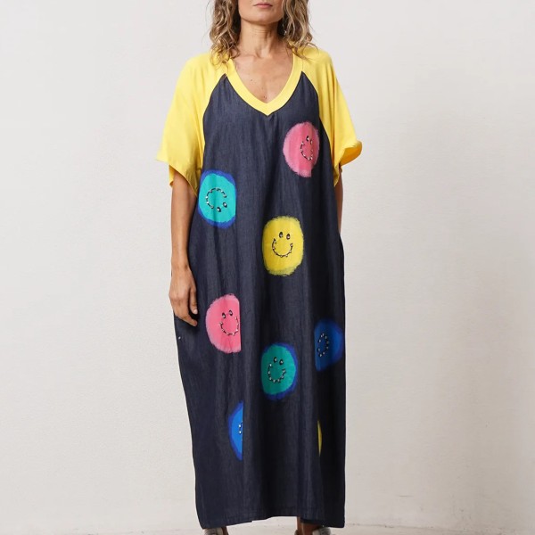 vestido em algodão c/ estampagem e aplicação de brilhantes