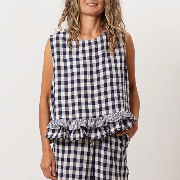 blusa de folhos padrão vichy c/ linho (premium)